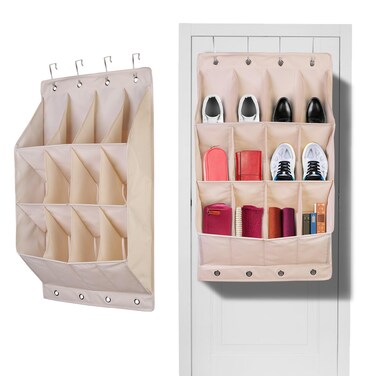 Mrooda Over the Door Shoe Organizer Hanging Shoe Organizer with 12 Large Pockets and 8 Metal Hooks Wall Shoe Rack, Storage For 12 pairs of shoe, Toys Hats Sneakers and More   1Pack Cream