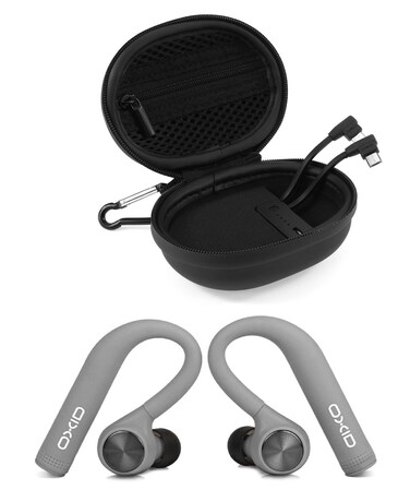 OXID AudioBuds True Wireless Bluetooth Headphones with Charging &amp; Protective Case for Over 15 Hours Playtime - Unique Over-Ear Design Stays in Place While Running - Not Compatible with Android (Grey)