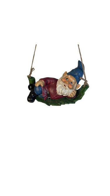 Swinging Garden Gnome on Leaf Outdoor Statue