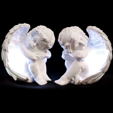 JUNIQUTE Sleepy Time Little Angel with Light Cupid Garden Statue Home Decor Cherub Statue Baby Sculpture Figurine Set of 2