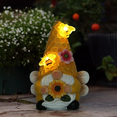 REYISO Garden Gnomes Sculptures for Outdoor&amp; Garden Decor with Solar Bee Lights-Gnomes Decorations for Home- Sunflower Gifts for Women, Mom or Birthdays-Summer Gnomes Fairy Garden for Patio,Yard,Lawn