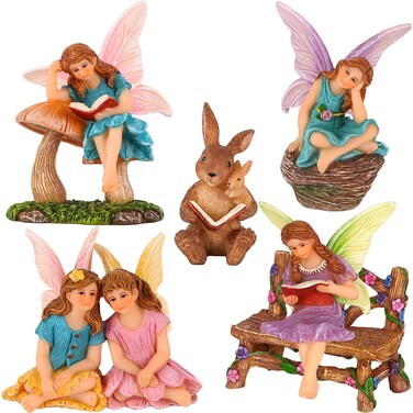 Mood Lab Fairy Garden - Miniature Reading Fairies Figurines Set - Statues &amp; Accessories Decor Kit of 6 pcs