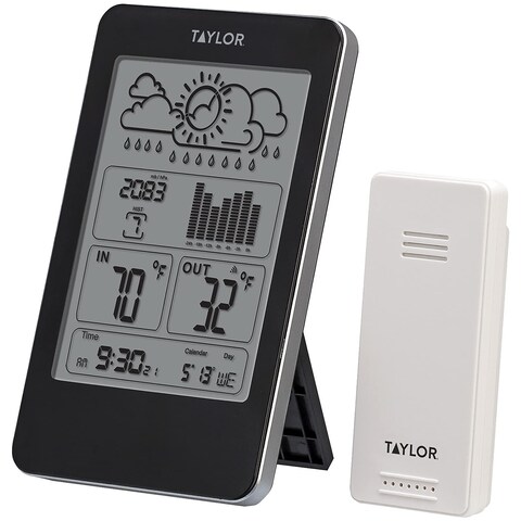 Taylor Digital Wireless Indoor Outdoor Thermometer and Barometer with Timer, Easy-to-Read Display for Home, Office, Greenhouse, Nursery, and Indoor Areas, Black