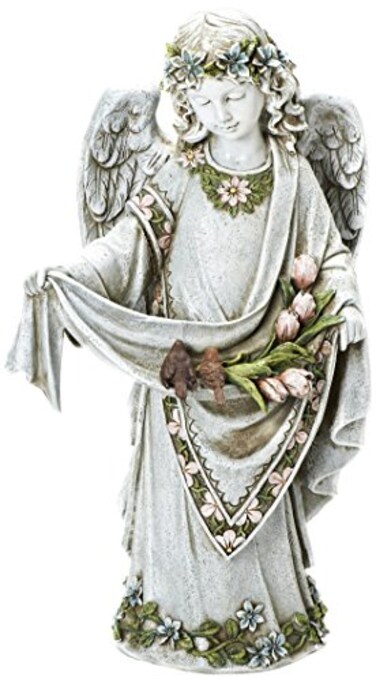Roman Josephs Studio Inspirational Girl Angel Wearing Floral Trimmed Gown with Birds Garden Statue, 16.5-Inch