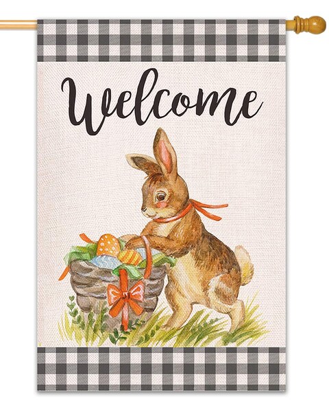 Welcome Easter Garden Flag, 28 x 40 inch Double Sided Vertical Burlap Easter House Flag, Rabbit Bunny Eggs Banners for Farmhouse Yard House Outdoor Spring Easter Decorations