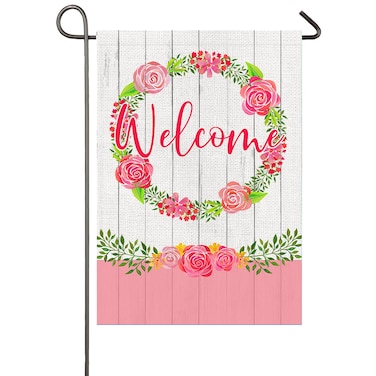 Spring Welcome Garden Flag 12.5x18 Valentine Pink Rose Flower Wreath Garden Flag Romantic Spring Summer Floral Decor Yard Sign for Anniversary Wedding Valentine's Day Outdoor Decoration