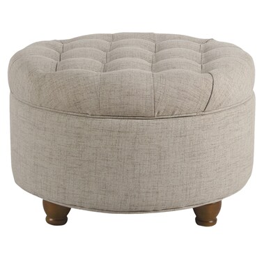 Benjara Wooden Ottoman with Tufted Lift Off Lid Storage, Beige and Brown