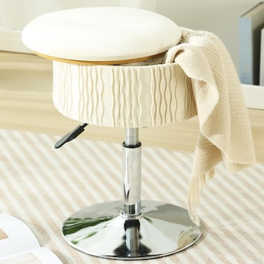 CUYOCA Round Storage Vanity Stool, 360&deg; Swivel Height Adjustable Swivel Foot Stools with Storage, Velvet Vanity Ottoman Chair for Bathroom Living Room (Cream)