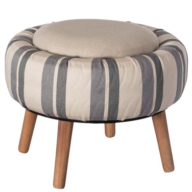 Modern Striped Round Fabric Ottoman with Inner Storage, White and Blue