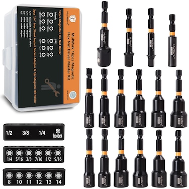 MulWark Magnetic Nut Driver Set 16 pcs Impact Driver Bit Set - Deep 1/4&rdquo; Hex Shank Drill Bit Set - Impact Socket Adapters - Bit Extension Quick Change Torx Bit Set
