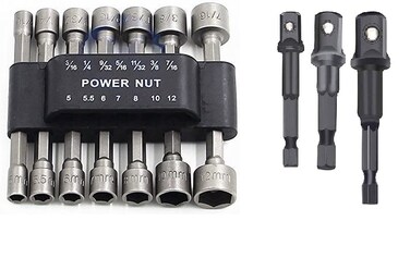 PANOVOS 17pc Power Nuts Driver Drill Bit Tools Set Metric Socket Wrench Screw 1/4'' Driver Hex shank/Impact Socket Adapters Set
