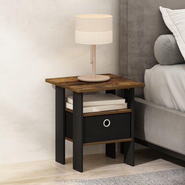 Furinno Tidur Bedside Table Nightstand with Bin Drawer, Amber Pine/Black