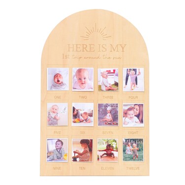 YOUAME One Year Birthday Wooden Photo Board - My First Year Milestone Photo Board，Here is my 1st year around the sun themed 12 Months Baby Birthday Picture Frame