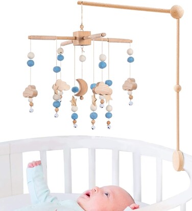 BlueMello Starry Night Baby Mobile Toy and Mobile Arm Holder 2 in 1 Set for Crib   Wooden Beads and Stars Bed Hanger for Boys and Girls   Hanging Nursery Decor for Bassinet   Perfect Baby Shower Gift'