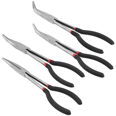 FUNSUEI 4 Piece 11 Inch Long Nose Pliers, Needle Nose Pliers Set, Long Reach Straight Pliers, and 25 Degree 45 Degree 90 Degree Angle Curved Pliers Wire Repair Tool for Bending, Shaping, Trimming