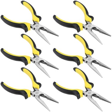 MUKCHAP 6 Pack 6 Inch Needle Nose Pliers, Spring Loaded Long Nose Pliers with Wire Cutter, Plastic Handle Needle Nose Pliers with Strippers for Cutter and Bending Wire, Black Yellow
