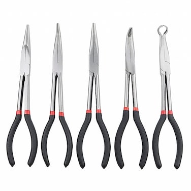QISF 5 Piece Long Reach Pliers Set - 11Inch Long Needle Nose Pliers Sets Include Straight, 25, 45, 90-Degree Angle and Circle Pliers - Permits Access to Most Confined or Hard-to-Reach Narrow Areas