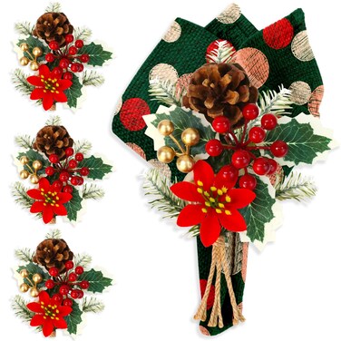 Christmas Napkin Rings Set of 4 Pinecone Napkin Rings Holders Farmhouse Pine Branch Napkin Rings with Needle Berries for Christmas Dining Table Setting Thanksgiving Wedding Birthday Party Decoration