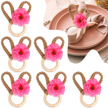 QNNEFF Easter Bunny Ears Napkin Rings Set of 6 Farmhouse Easter Napkin Holders Cute Rabbit Ears Napkin Rings Rustic Boho Wood Napkin Rings Handmade Jute Rope Easter Party Dining Table Decor