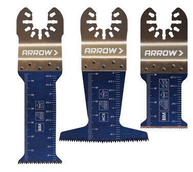 Arrow OSC101VP-3 Multi-Material Oscillating Tool Blade Variety Pack for Copper Pipe, Wood, PVC, Drywall, Universal, Fits Most Multitools, 1 &frac14;&Prime;, 1 ⁵&frasl;₁₆&Prime;, and 2 &frac12;&Prime;, 3-Pack
