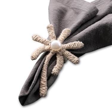 India Handicrafts 20252 Palm Tree Pearl Center, Beige 5 Inch Wrapped Jute Dinner Napkin Ring; Set of 8