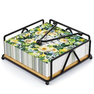 Metal Napkin Holder With Weighted Arm &amp; Wooden Tray, Elegant Napkin Dispenser Holder For Table, Kitchen, Countertops, Dining Room, Restaurant, Outdoor