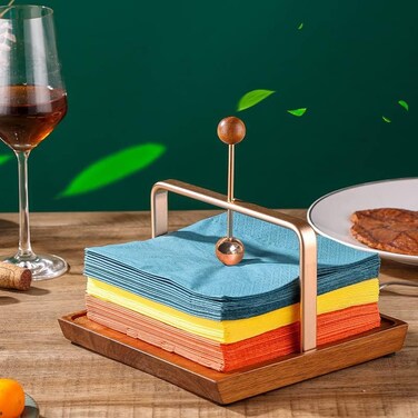 Denique Wood Napkin Holder for Table, Square Tabletop Napkin Dispenser with Sophisticatedly Metal Center Bar, Cocktail Napkin Holder for Cafe Hotel Restaurant Bar Home Kitchen