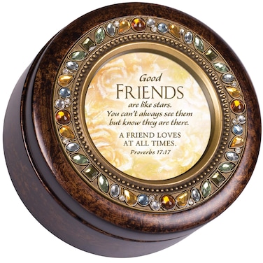 Cottage Garden Good Friend Inspirational Amber Earth Tone Jeweled Round Music Box Plays How Great Thou Art