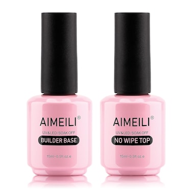AIMEILI Soak Off Hema-Free Gel Nail Polish Cruelty Free Vegan Builder Base and No Wipe Top Set - 2 x 15ml