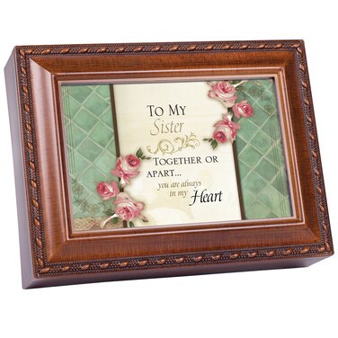 Cottage Garden Sister Together Or Apart Woodgrain Rope Trim Jewelry Music Box Plays Wind Beneath My Wings