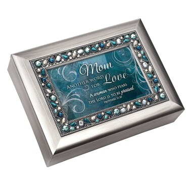 Cottage Garden Mom Another Word for Love Brushed Silvertone Jewelry Music Box Plays How Great Thou Art