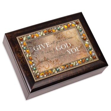 Cottage Garden Give All Worries &amp; Cares Earth Tone Jeweled Music Box Plays Tune Amazing Grace
