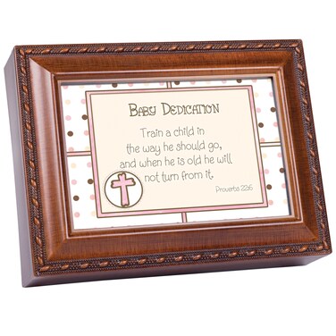 Cottage Garden Baby Dedication Train Up a Child Woodgrain Rope Trim Jewelry Music Box Plays Jesus Loves Me
