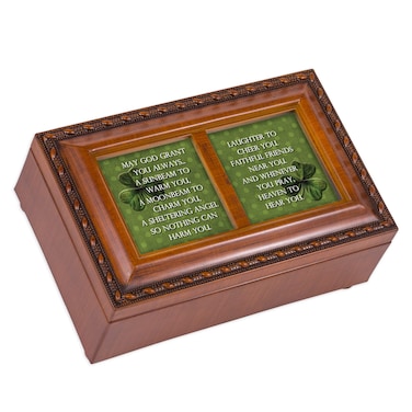Cottage Garden May God Grant You Always Woodgrain Rope Trim Jewelry Music Box Plays Irish Lullaby