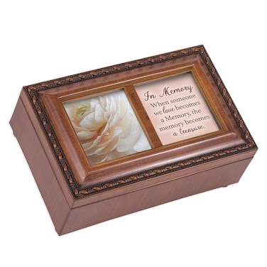Cottage Garden Treasuring Memories Woodgrain Rope Trim Petite Music Box with Locket Plays Wind Beneath My Wings