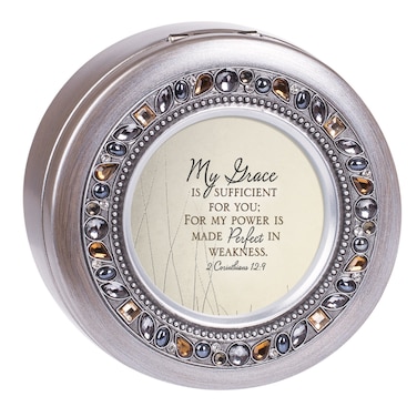 Cottage Garden My Grace is Sufficient Power Perfected Brushed Pewter Jewelry Music Box Plays Amazing Grace