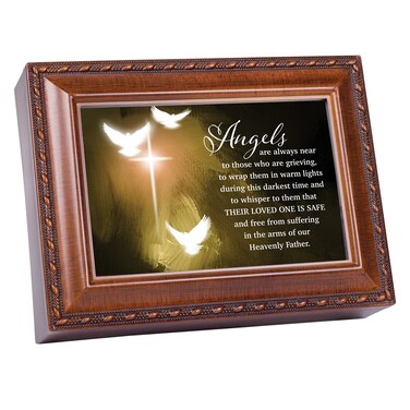 Cottage Garden Angels Near Grieving Woodgrain Rope Trim Music Box Plays Amazing Grace