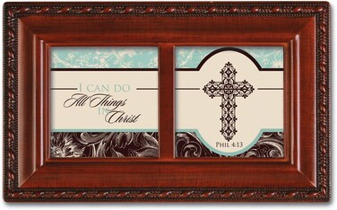 Cottage Garden I Can Do All Things Through Christ Woodgrain Rope Trim Jewelry Music Box Plays Hallelujah