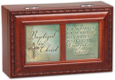 Cottage Garden Baptized Into Christ Woodgrain Rope Trim Jewelry Music Box Plays Amazing Grace
