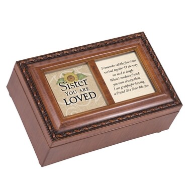 Cottage Garden Sister You are Loved Woodgrain Rope Trim Jewelry Music Box Plays You are My Sunshine