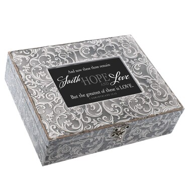 Faith Hope and Love 1 Corinthians 13 Embossed Grey Filigree Music Box Plays Amazing Grace