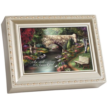 Cottage Garden Be Still Know That I Am God Silvertone Rope Trim Jewelry Music Box Plays Amazing Grace