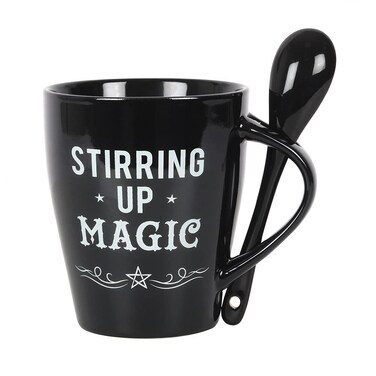 Pacific Giftware Gothic Black Stirring Up Magic New Bone China Ceramic Mug and Spoon Set