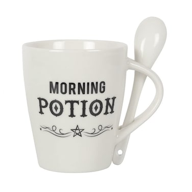 Pacific Giftware Gothic White Morning Potion New Bone China Ceramic Mug and Spoon Set
