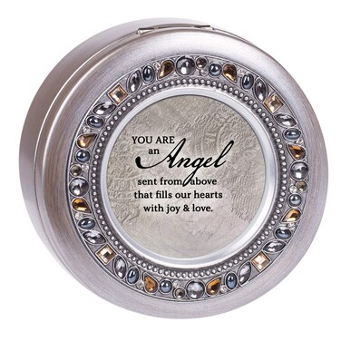 Cottage Garden Angel Inspirational Grey Brushed Pewter Jeweled Round Music Box Plays Amazing Grace