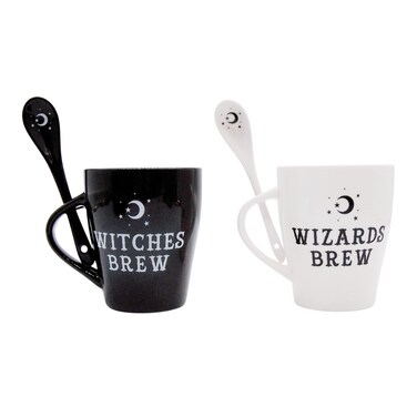 Witches and Wizards Mug and Spoon Set - 4-Inch Wicca Style Halloween Drinkware, Set of 2