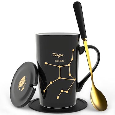 FULLCCI Virgo Gifts for Women 15oz Ceramic Coffee Mug with Lid Spoon Coaster Astrology Mugs Upgrade Porcelain Tea Cup Virgo Birthday Gifts (Virgo Black-Gold)