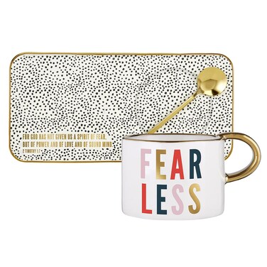 Creative Brands Faithworks-Slant Collections Ceramic Mug Spoon and Tray Set, 3-Pieces, Fearless