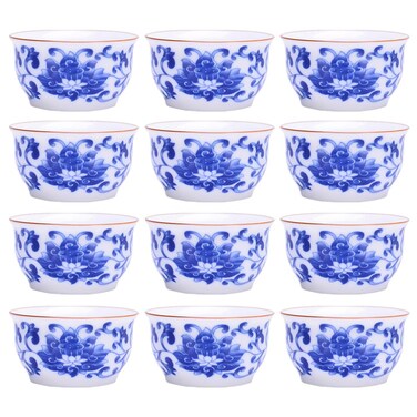 Woonsoon Chinese Handmade Kungfu Tea Cup 60 ml,Bone China Blue and White Tea Cups Set of 12,Ceramic Tea Mugs Without Handles,Best Gift（Lotus）
