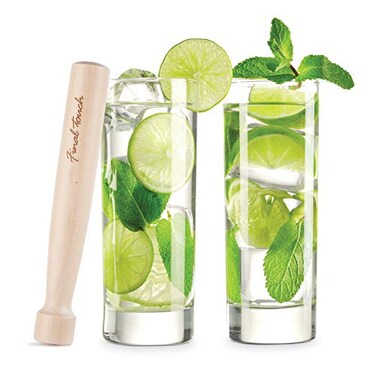 Final Touch Premium Mojito Set - Includes 2 Tom Collins Glasses &amp; Wooden Muddler - 10oz Slim Highball Glasses with Thick Base - Complete Cocktail Kit for Perfect Mojitos (FTA1835)
